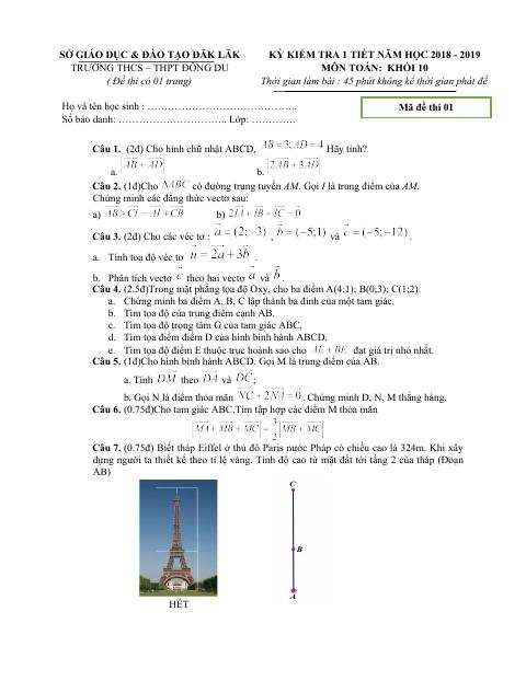 Đề kiểm tra 1 tiết Hình học 10 chương 1 năm 2018 – 2019 trường Đông Du – Đăk Lăk (bản Word)